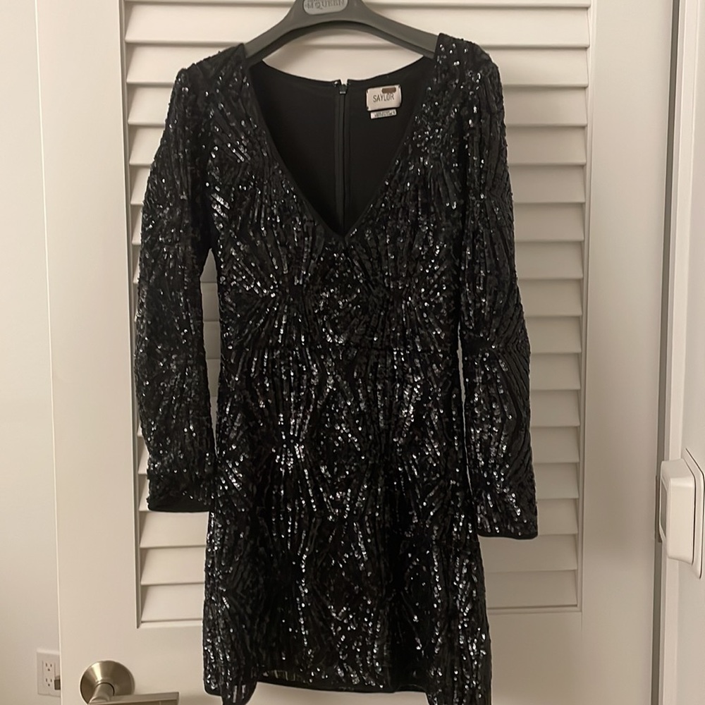 Black Sequins v-neck dress by Saylor from Revolve - Picture 2 of 8